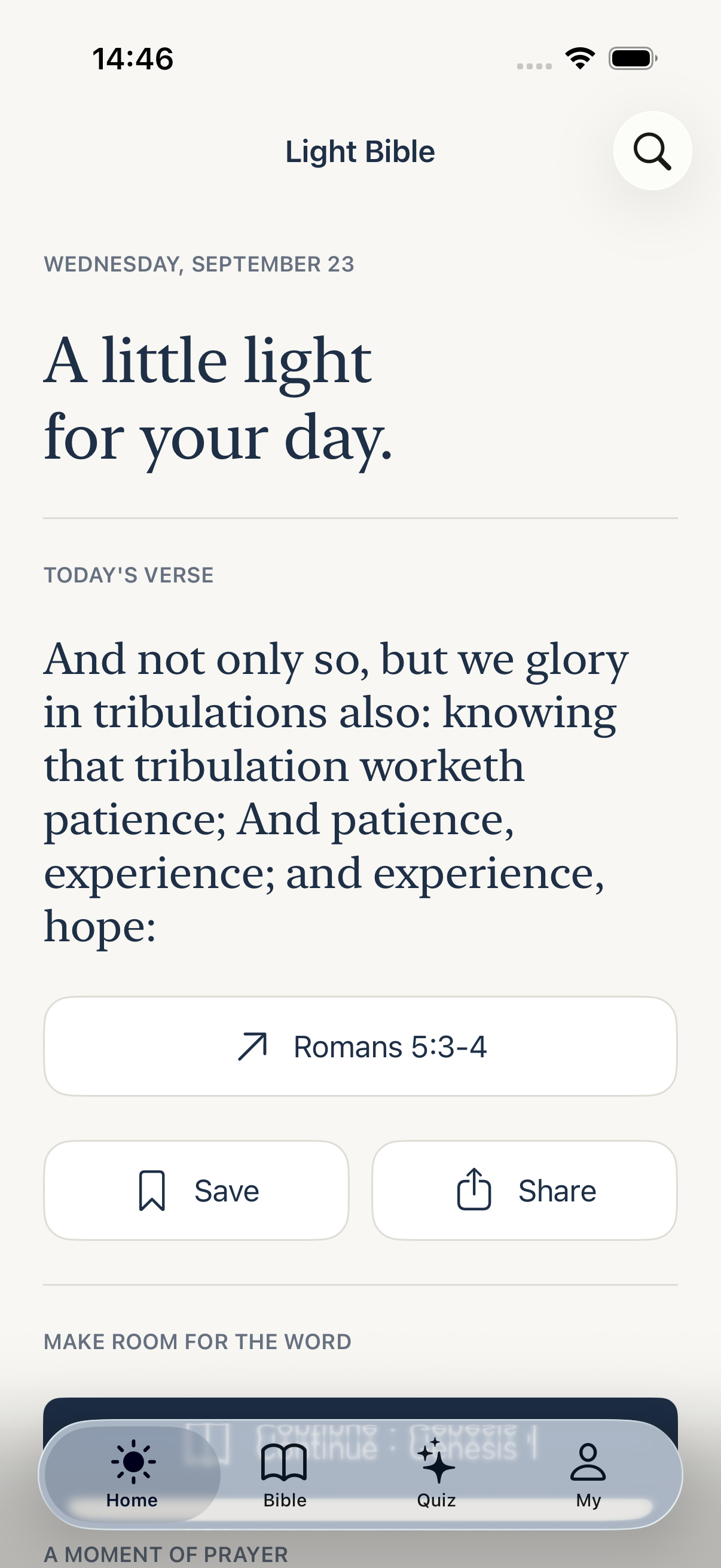 Light Bible home screen with daily Scripture