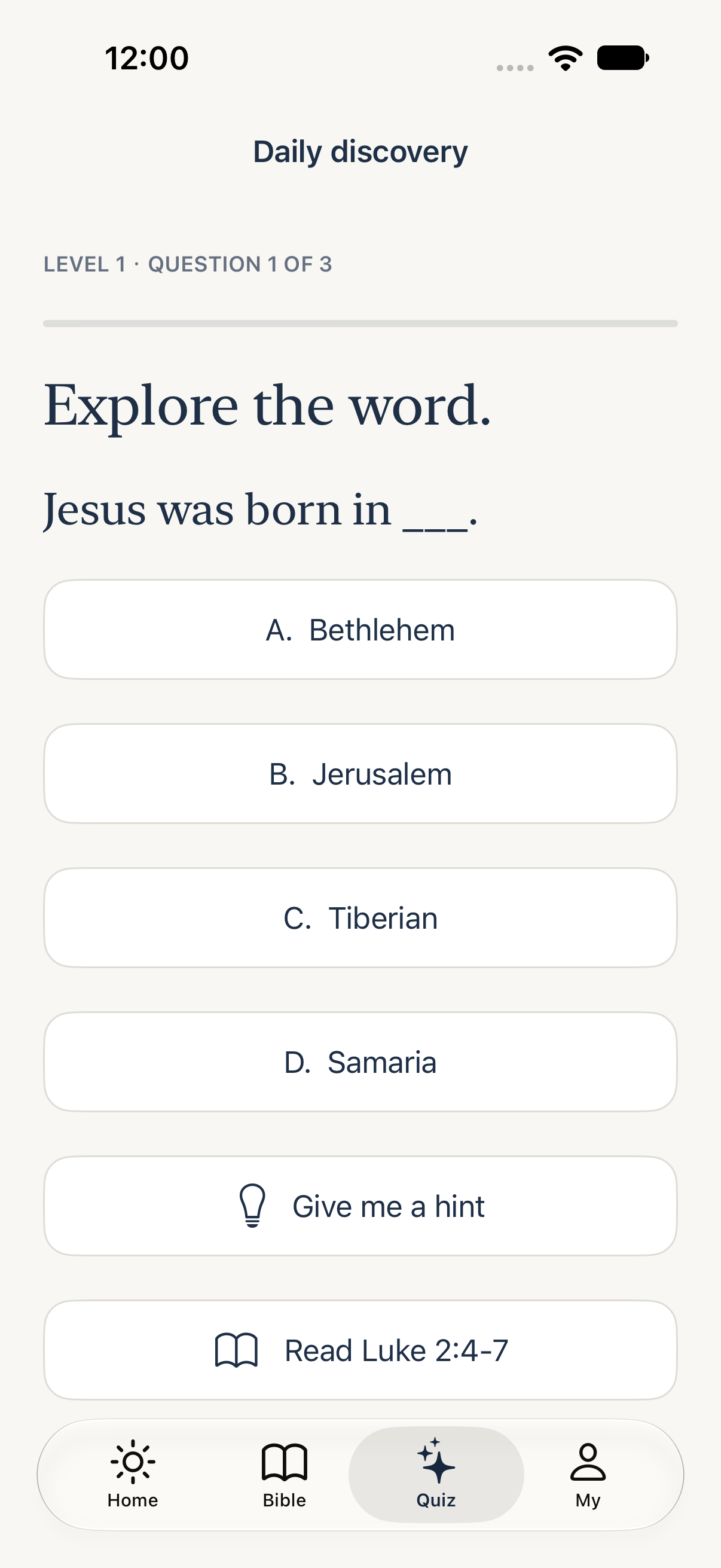 Light Bible Scripture quiz screen